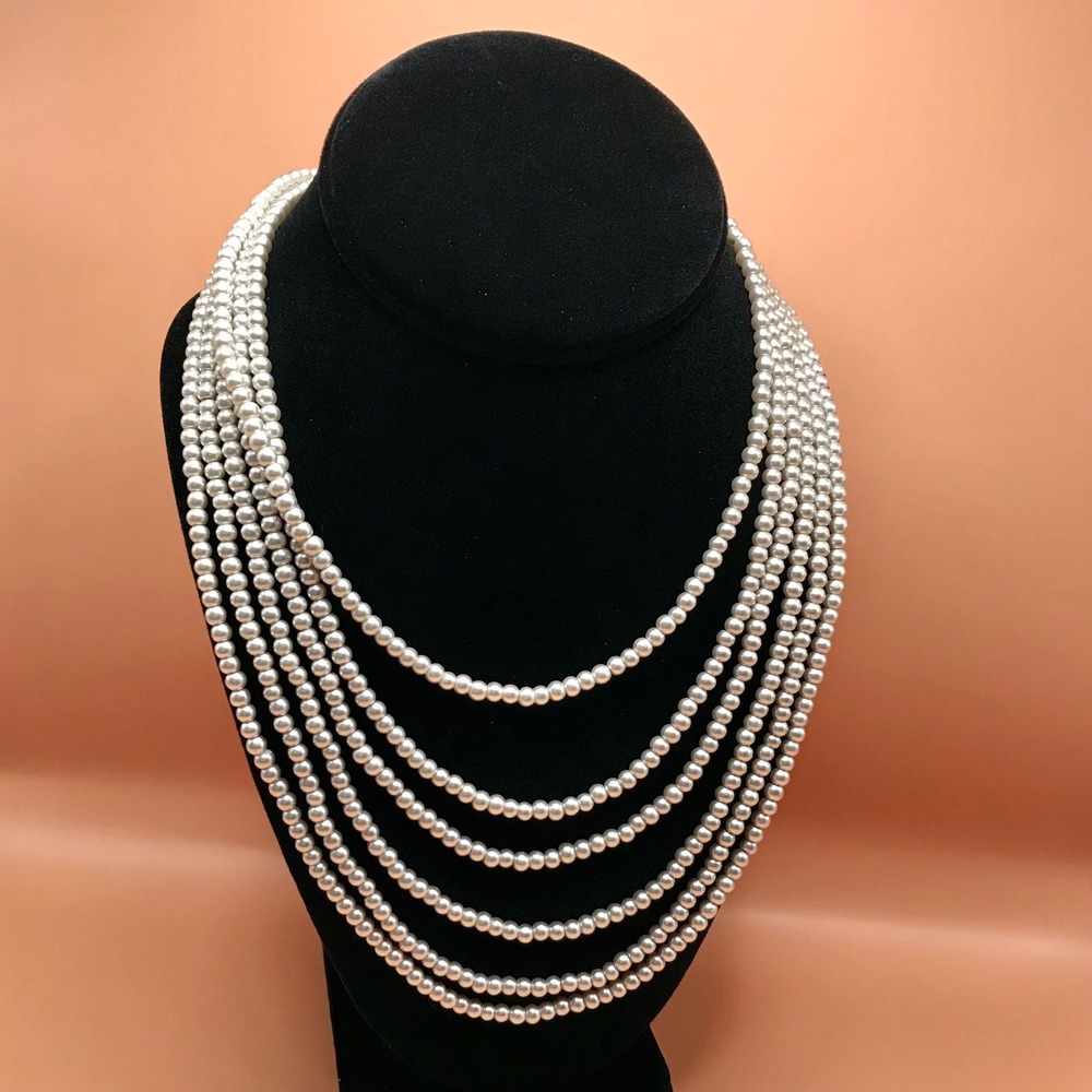 Vintage Multi Strand Faux Pearl Necklace Rhinestone Magnetic Sphere Clasp Cream